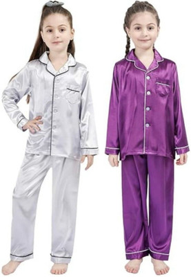 VC FASHION HUB Kids Nightwear Baby Boys & Baby Girls Solid Pure Satin(Multicolor Pack of 2)