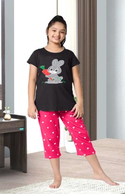 DRUZZEE Kids Nightwear Girls Printed Cotton Blend(Black Pack of 1)