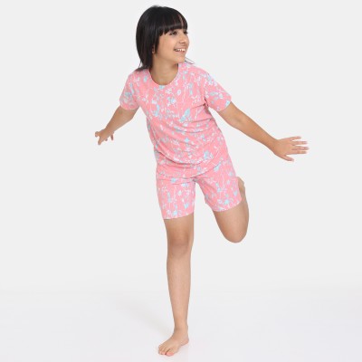 ZIVAME Kids Nightwear Girls Printed Polyester Blend(Pink Pack of 1)