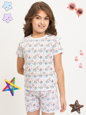 PAMPOLINA Kids Nightwear Girls Printed Cotton Blend(White Pack of 1)