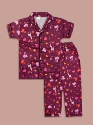 BURBN Kids Nightwear Girls Printed Cotton(Maroon Pack of 1)