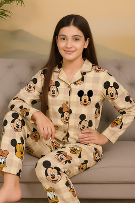 ishavasyam Kids Nightwear Girls Printed Polyester Blend(Multicolor Pack of 1)