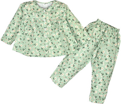 CERABI APPARELS PVT LTD Kids Nightwear Girls Printed Polycotton(Green Pack of 1)