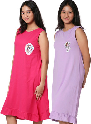 TotzTouch Kids Nightwear Girls Printed Cotton(Pink Pack of 2)