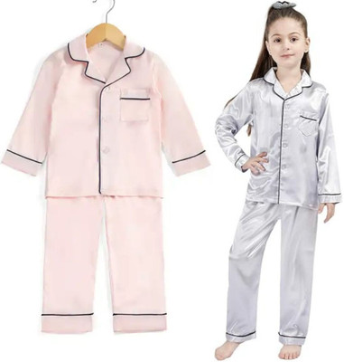 VDC CREATION Kids Nightwear Baby Boys & Baby Girls Solid Pure Satin(Multicolor Pack of 2)