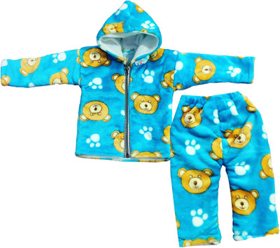 Siddhi Enterprises Kids Nightwear Baby Boys & Baby Girls Solid Fleece Blend(Blue Pack of 1)