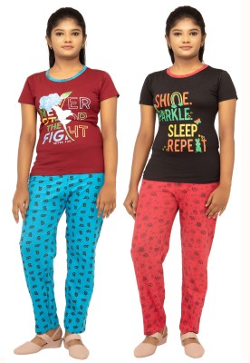 PY PINKYOU Kids Nightwear Girls Graphic Print Cotton Blend(Multicolor Pack of 2)