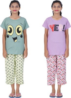 Ctg Kids Nightwear Girls Graphic Print Cotton(Green Pack of 2)