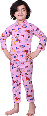 Kf collections Kids Nightwear Boys & Girls Printed, Graphic Print Cotton Blend(Pink Pack of 1)