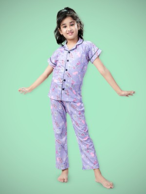 BURBN Kids Nightwear Girls Printed Cotton Blend(Purple Pack of 1)