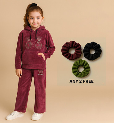 BUFFARO Kids Nightwear Girls Embroidered Faux Velvet(Maroon Pack of 1)