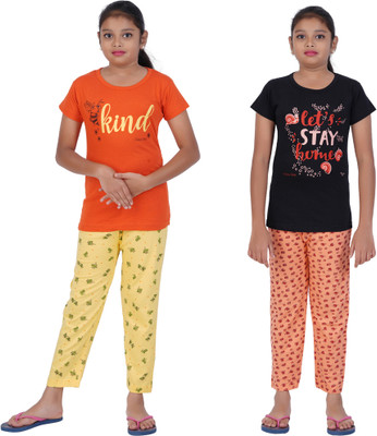 Ctg Kids Nightwear Girls Printed Cotton(Black Pack of 2)