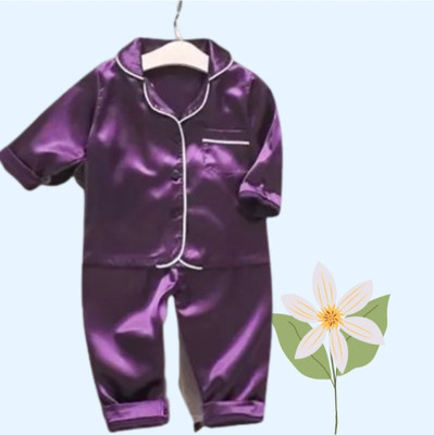 VC FASHION HUB Kids Nightwear Girls Self Design Pure Satin(Purple Pack of 1)