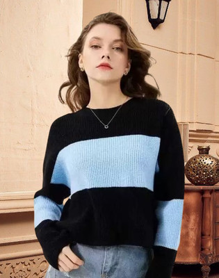 Anika Striped Women Round Neck Black, Light Blue T-Shirt