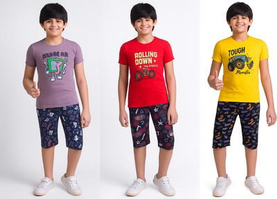 SVD Fashion Kids Nightwear Boys Graphic Print Cotton Blend(Multicolor Pack of 3)