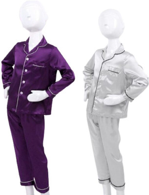 VC FASHION HUB Kids Nightwear Baby Boys & Baby Girls Self Design Pure Satin(Multicolor Pack of 2)