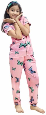 Mustafa Enterprise Kids Nightwear Girls Printed Silk Blend(Pink Pack of 1)