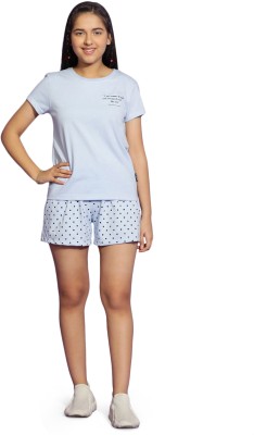 li'l tomatoes Kids Nightwear Girls Printed Cotton Blend(Blue Pack of 1)