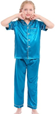 VDC FASHION HUB Kids Nightwear Baby Boys & Baby Girls Solid Pure Satin(Light Blue Pack of 1)