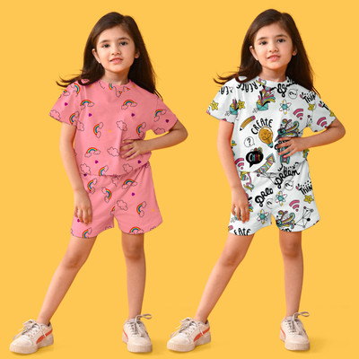 arrowquick Kids Nightwear Baby Girls Printed Cotton Blend(Multicolor Pack of 2)