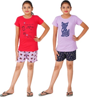 Ctg Kids Nightwear Girls Printed Cotton(Purple Pack of 2)