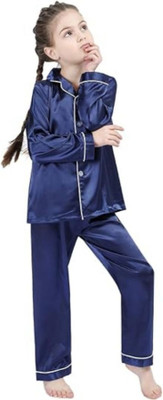 VC FASHION HUB Kids Nightwear Girls Solid Pure Satin(Dark Blue Pack of 1)