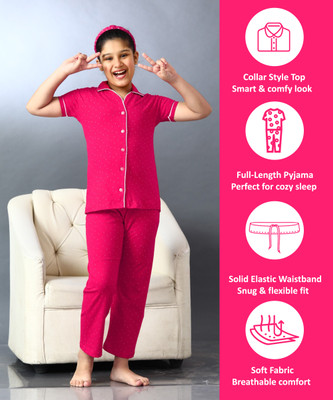 babylite Kids Nightwear Girls Polka Print Cotton(Grey Pack of 1)