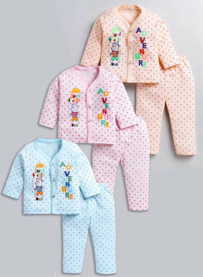 HouseOfCommon Kids Nightwear Baby Boys & Baby Girls Printed, Self Design Cotton Blend(Multicolor Pack of 3)