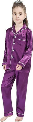VC FASHION HUB Kids Nightwear Girls Solid Pure Satin(Purple Pack of 1)