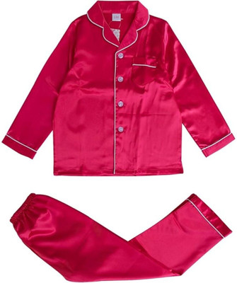 VDC FASHION HUB Kids Nightwear Baby Boys & Baby Girls Self Design Pure Satin(Maroon Pack of 1)