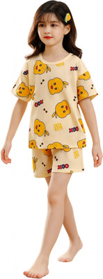 tejmidam Kids Nightwear Girls Printed Polyester Blend(Yellow Pack of 1)