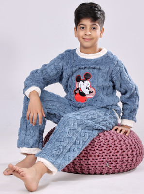Stem Rope Kids Nightwear Boys & Girls Self Design Fleece Blend(Blue Pack of 1)