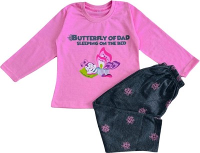 Piku Store Kids Nightwear Girls Printed, Graphic Print Cotton Blend(Pink Pack of 1)