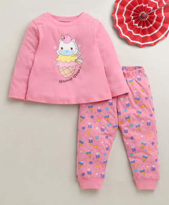 BUMZEE Kids Nightwear Girls Graphic Print Cotton(Multicolor Pack of 1)