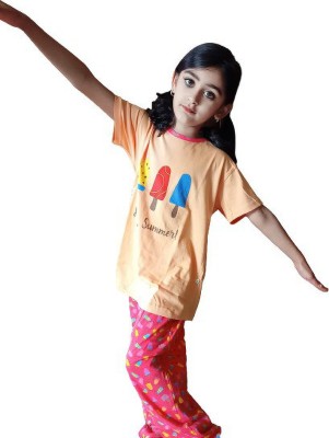 Cozy Classy Kids Nightwear Girls Graphic Print Cotton Blend(Yellow Pack of 1)