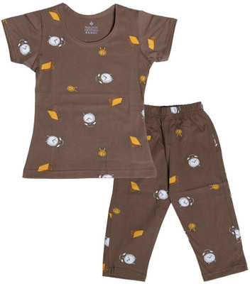 NeuVin Kids Nightwear Baby Girls Printed Cotton Blend(Brown Pack of 1)