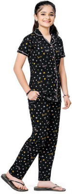 Bloem Kids Nightwear Girls Printed, Graphic Print Cotton(Black Pack of 1)