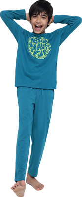 li'l tomatoes Kids Nightwear Boys Printed Cotton Blend(Blue Pack of 2)