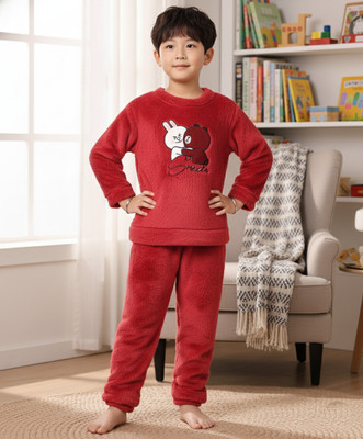 Keenuu Kids Nightwear Boys & Girls Solid Fleece Blend(Red Pack of 1)
