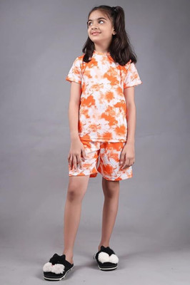 SHENEXAS Kids Nightwear Girls Tie - Dye Cotton Blend(Orange Pack of 1)