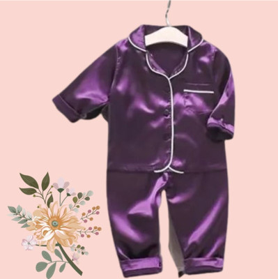 VC FASHION HUB Kids Nightwear Baby Boys & Baby Girls Solid Pure Satin(Purple Pack of 1)