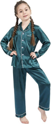 VC FASHION HUB Kids Nightwear Girls Solid Pure Satin(Dark Green Pack of 1)