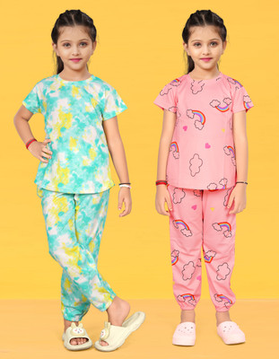 NIDHICREAION Kids Nightwear Baby Boys & Baby Girls Solid Cotton Blend(Multicolor Pack of 2)