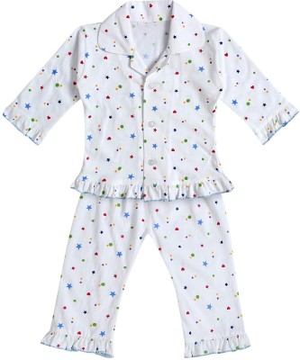 Lala Maneet Kids Nightwear Girls Polka Print Cotton(White Pack of 1)