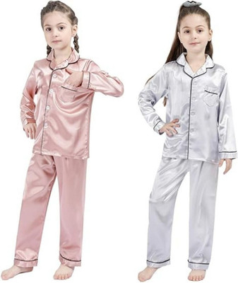 VDC CREATION Kids Nightwear Baby Boys & Baby Girls Self Design Pure Satin(Multicolor Pack of 2)