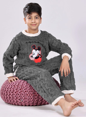 Stem Rope Kids Nightwear Boys & Girls Self Design Fleece Blend(Grey Pack of 2)