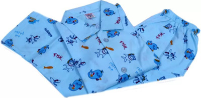 Jain Trader Kids Nightwear Boys & Girls Printed Cotton Blend(Blue Pack of 1)
