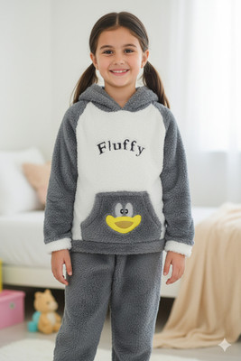 Uttam Kids Nightwear Boys & Girls Printed Fleece Blend(Grey Pack of 1)