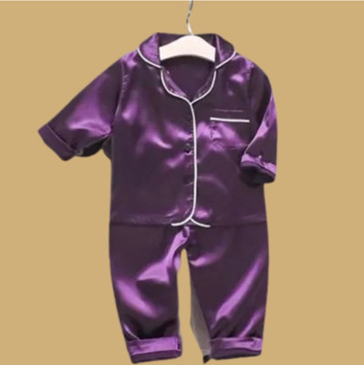 VC FASHION HUB Kids Nightwear Girls Solid Pure Satin(Purple Pack of 1)