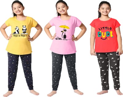 DRUZZEE Kids Nightwear Girls Printed Cotton Blend(Multicolor Pack of 3)